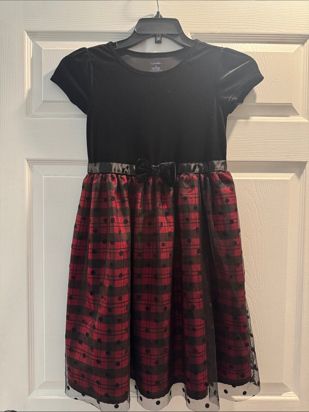 George Black Velvet Top with Red Plaid & Polka Dot Tulle Skirt Girls Dress